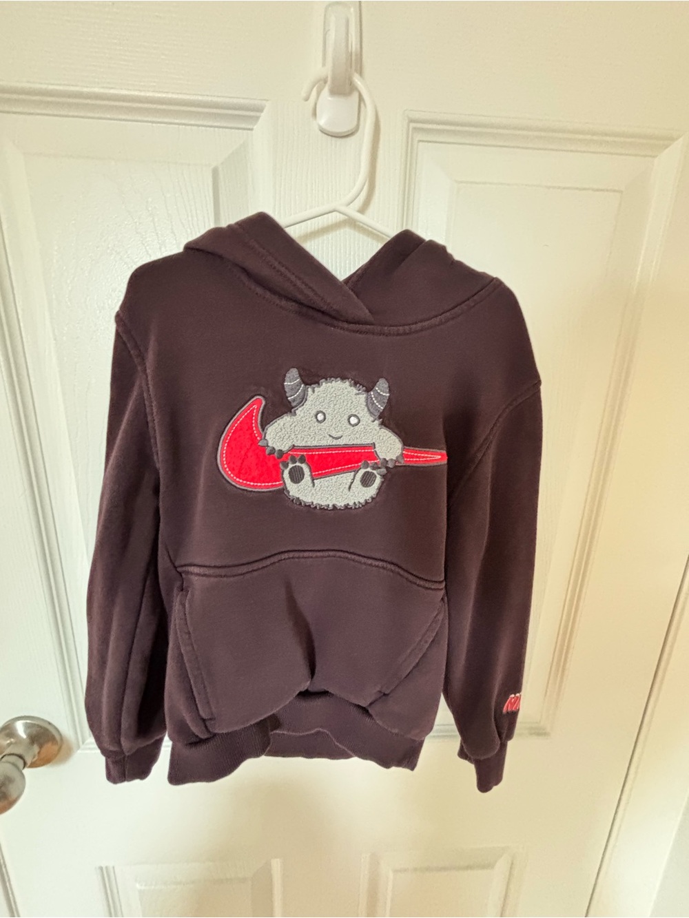 Nike Brown Kids Hoodie with Red Swoosh and Monster Patch